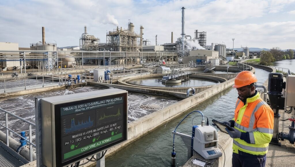 Station d’épuration industrielle avec technicien IRIM et système de suivi
