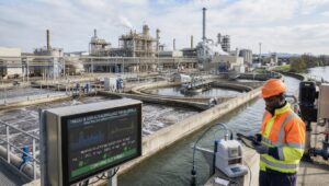 Station d’épuration industrielle avec technicien IRIM et système de suivi